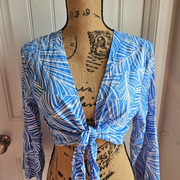 Shade & Shore Tropical Hawaiian Front Tie Linen Blend Cover Up Top Size Small - Picture 2 of 5